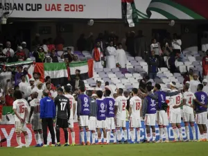 Emirate players acknowledge their supporters at the end of the 2019 AFC Asian Cup group A football match between the United Arab Emirates and Thailand at the Hazza bin Zayed Stadium in Al-Ain on January 14, 2019.
Khaled DESOUKI / AFP
