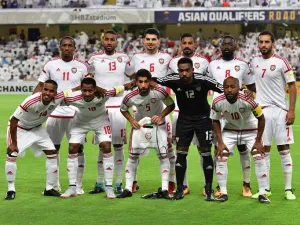 UAE's players pose for a picture before the start of the 2018 FIFA World Cup qualifier football match between UAE and Saudi Arabia at the Hazza Bin Zayed Stadium in Al-Ain on August 29, 2017.
GIUSEPPE CACACE / AFP