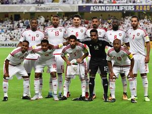 UAE's players pose for a picture before the start of the 2018 FIFA World Cup qualifier football match between UAE and Saudi Arabia at the Hazza Bin Zayed Stadium in Al-Ain on August 29, 2017.
GIUSEPPE CACACE / AFP