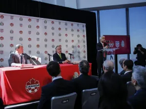 Sunil Gulati President of US Soccer Federation speaks during a press conference after announcing the next 2026 World Cup in North America on April 10, 2017 at the One World Trade Center in New York. USA, Mexico and Canada announced a joint bid to stage the 2026 World Cup on Monday, aiming to become the first three-way co-hosts in the history of FIFA's showpiece tournament.
KENA BETANCUR / AFP
