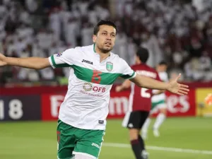 FC Lokomotiv's Sardor Mirzayev celebrates after scoring a goal during the AFC Champions League football match between Al-Wahda and FC Lokomotiv at the Sheikh Zayed Sports City Stadium in Abu Dhabi on April 3, 2018.
KARIM SAHIB / AFP