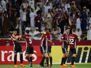 Al-Wahda's players celebrate scoring during the AFC Asian Champions League group B football match against Zob Ahan on March 12, 2018, at the Zayed Sports City Stadium in Abu Dhabi.
KARIM SAHIB / AFP