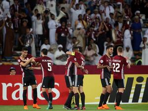Al-Wahda's players celebrate scoring during the AFC Asian Champions League group B football match against Zob Ahan on March 12, 2018, at the Zayed Sports City Stadium in Abu Dhabi.
KARIM SAHIB / AFP