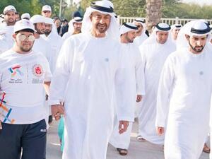 Shaikh Mohammad Bin Zayed and Shaikh Hamdan take part in the Walk Unified initiative at Umm Al Emarat Park. (Photo: WAM)