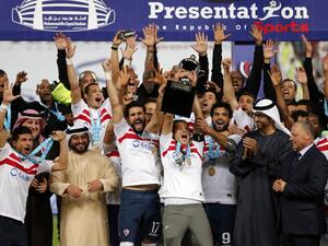 Zamalek's players celebrate after winning the Egyptian Super Cup football match against Al-Ahly, on February 10, 2017, at Sheikh Mohammed Bin Zayed stadium in Abu Dhabi.
KARIM SAHIB / AFP