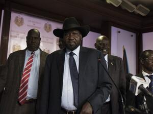 South Sudan President Salva Kiir (C), followed by Vice President James Wani Igga (2nd R), leaves the conference room as artillery fire broke out near the presidential palace in Juba on July 8, 2016. (AFP/Charles Atiki Lomodong) South Sudan President Salva Kiir (C), followed by Vice President James Wani Igga (2nd R), leaves the conference room as artillery fire broke out near the presidential palace in Juba on July 8, 2016. (AFP/Charles Atiki Lomodong)