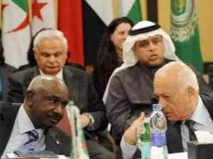 امين عام الجامعة نبيل العربي (يمين) متحدثا مع الفريق الدابي/ارشيف