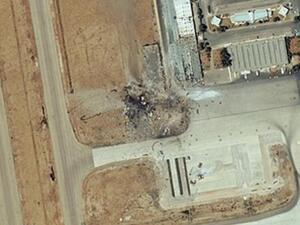 DAMASCUS, SYRIA - MAY 6, 2013: This is a satellite image of a destroyed warehouse and storage buildings at Damascus International Airport that were struck by a reported military airstrike on May 4, 2013. (Photo DigitalGlobe via Getty Images)