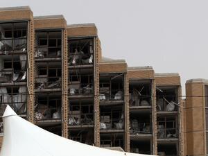 Damage to Baghdad's Babylon hotel after twin car bomb attacks Thursday night.  Daesh claimed responsibility for the attacks in a statement released Friday.  (AFP/Ali al-Saadi)