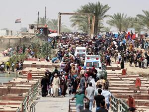 People displaced by violence in Ramadi wait to cross Bzeibez bridge into Baghdad, May 20 2015.  (AFP/Sabah Arar)