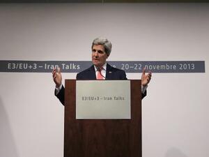 US Secretary of State John Kerry delivers a speech during a press conference at the CICG (Centre International de Conferences Geneve) after talks over Iran's nuclear programme in Geneva on November 24, 2013. [AFP/Alexander Klein]