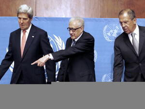 US Secretary of State John Kerry, United Nations-Arab League special envoy for Syria Lakhdar Brahimi and Russian Foreign Minister Sergei Lavrov attend a press conference after their high-stakes talks on Syria's chemical weapons at the UN headquarters in Geneva, on September 13, 2013. [Getty Images]