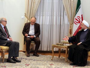 Iranian President Hassan Rouhani  meets with International Peace envoy to Syria Lakhdar Brahimi  in Tehran on October 27, 2013.  [ATTA KENARE/AFP/Getty Images]