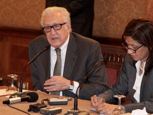 UN-Arab League envoy to Syria Lakhdar Brahimi  attends a press conference in the Syrian capital Damascus on November 1, 2013 prior to his visit to Lebanon. [/AFP/Getty Images]
