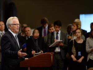 Vitaly Churkin, Russia's Ambassador to the United Nations, speaks to the media after attending a briefing in the Security Council on the weapons inspectors report on chemical weapons in Syria. [AFP]