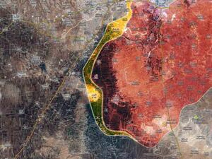 خريطة ريف حلب الحنوبي، حيث يُظهر اللون الاحمر مناطق سيطرة الجيش السوري واللون الاصفر مناطق الاشتباكات