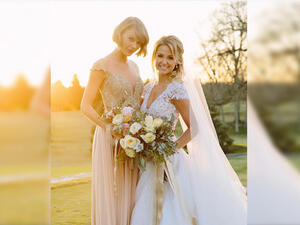 Reem Acra designed the bride's dress and the blush dresses for the bridesmaids. (Instagram/Reem Acra)