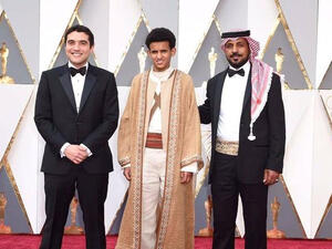 Theeb's director Naji Abu Nowar and cast on the Oscars red carpet. (Facebook)
