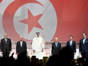 Algerian Prime Minister Abdelmalek Sellal: Tunisian Assembly President Mohamed Ennaceur; the Emir of Qatar, Tamim bin Hamad al-Thani; Tunisian President Beji Caid Essebsi, French Prime Minister Manuel Valls and Tunisian Prime Minister Youssef Chahed at Tunisia 2020.  (AFP/Fethi Belaid)