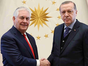 US secretary of state Rex Tillerson with Turkish President Recep Tayyip Erdogan on 30 March. (AFP)