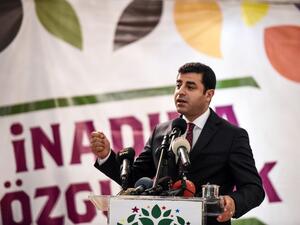 This file photo taken on October 21, 2015 shows Selahattin Demirtas, leader of pro-Kurdish Peoples' Democracy Party (HDP), delivering a speech during an election campaign in Istanbul. (AFP/Ozan Kose)