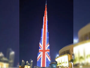 Dubai's Burj Khalifa lights up in the colors of the Union Jack. (Instagram/DowntownDubai)