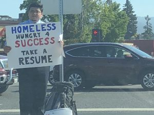 A homeless, jobless man in California adamant to land a job came up with a unique idea which is set to turn his life forever. (Twitter)