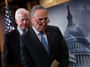 Sen. John Cornyn (R-TX) and Sen. Chuck Schumer (D-NY) exit a news conference concerning the Justice Against Sponsors of Terrorism Act (JASTA), on Capitol Hill, May 17, 2016, in Washington, DC. (AFP/Getty Images/Drew Angerer) Sen. John Cornyn (R-TX) and Sen. Chuck Schumer (D-NY) exit a news conference concerning the Justice Against Sponsors of Terrorism Act (JASTA), on Capitol Hill, May 17, 2016, in Washington, DC. (AFP/Getty Images/Drew Angerer)