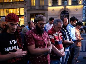 Muslims pray after Iftar near the Trump Tower in New York on June 1, 2017. (Jewel Samad/AFP)