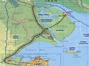 خارطة توضح الحدود المتشاطئة بين الكويت وإيران والعراق