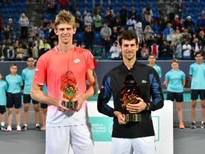 Serbia's Novak Djokovic and South Africa’s Kevin Anderson pose at the end of the Mubadala World Tennis Championship 2018 in Abu Dhabi, on December 29, 2018. Djokovic won a fourth Mubadala World Tennis Championship title, coming back from a set down to beat Kevin Anderson 4-6, 7-5, 7-5.
GIUSEPPE CACACE / AFP