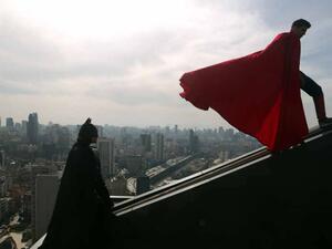 Mario and his friend dressed as Superman and Batman in Beirut. (AFP)