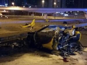 The Ferrari struck a pole and was torn in half from the impact, ejecting the four passengers from the vehicle. (Courtesy Dubai Police)