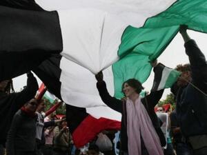 (فلسطينيون يلوحون بعلم عملاق في تظاهرة بذكرى النكبة في غزة
