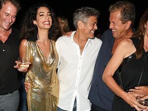 Rande Gerber, Amal & George Clooney, Mario Testino and Cindy Crawford at the official launch of Casamigos Tequila in Ibiza. (News.com.au)