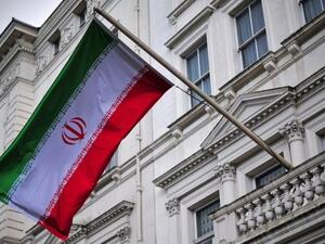 The Iranian flag outside Iran's embassy in London. (AFP/File)
