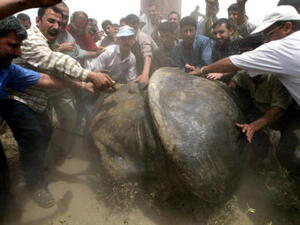 Iraqis surround the head of a Saddam Hussein statue after it was toppled on April 9, 2003 (Getty)