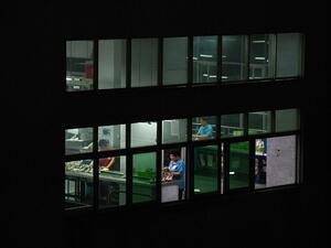 Night-shift workers at the Huajian shoe factory, where about 100,000 pairs of Ivanka Trump-branded shoes are made, in Dongguan, south China. (Greg Baker/ AFP)