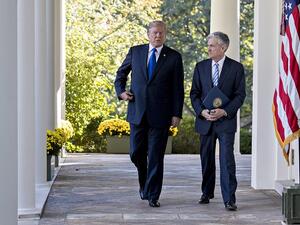 President Donald Trump and Jerome Powell, governor of the U.S. Federal Reserve and Trump's nominee for chairman of the Federal Reserve, walk to a nomination announcement in the Rose Garden of the White House in Washington, on November 2, 2017. (Saul Loeb/ AFP)