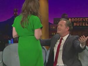 Mayim Bialik struggles between Jewish faith and modesty as she flashes Piers Morgan. (Mix1073.com)