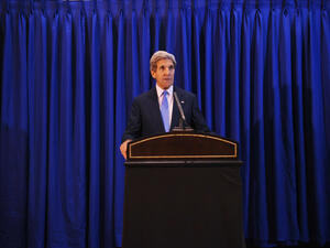  US Secretary of State John Kerry speaks during a press conference at Queen Alia International Airport on July 19, 2013 in the Jordanian capital Amman. (Source: AFP/POOL/MANDEL NGAN)