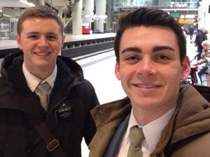 Mason Wells, left, is seen at the Brussels airport shortly before the blast occurred. (Twitter)