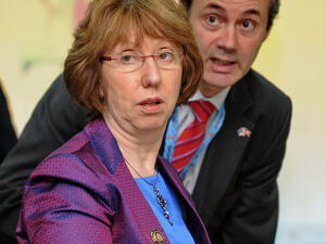 EU foreign policy chief Catherine Ashton and Bahraini FM Sheikh Khalid bin Ahmed al-Khalifa speak at the meeting on Syria. (AFP)