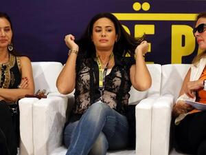 Egyptian actresses Yusra (R), and Nelly Karim (L) sit along side Tunisian actress Hind Sabry (C) during the Doha Tribeca Film Festival in the Qatari capital.