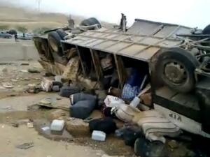 An image grab taken from a video uploaded on YouTube on March 16, 2013 shows a bus following an accident with a truck in the Adssiyeh region in southwest Jordan. (AFP PHOTO/YOUTUBE)