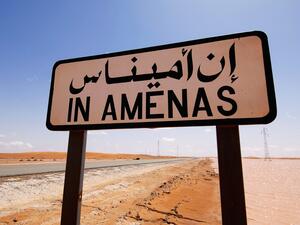 A road sign near the In Amenas gas field, in eastern Algeria near the Libyan border, Algerian troops surrounded Islamists holding foreign hostages at the gas field on Thursday. (AFP Photo/Statoil/Kjetil Alsvik)