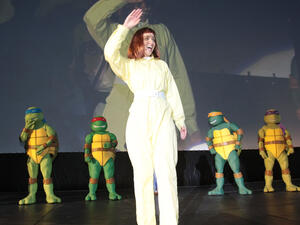 Ninja cartoon famed April O Neil, the plucky intrepid female reporter never shying from the fray...(then again she had her male turtle guards!)