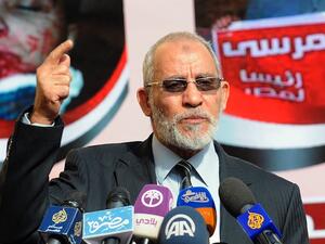 Muslim Brotherhood leader Mohammed Badie speaking during a press conference at the party's headquarters in Cairo in 2012. Badie and other high ranking MB officials have been sent to the Egyptian criminal court after being accused of inciting violence against anti-Morsi protesters. (AFP/File)