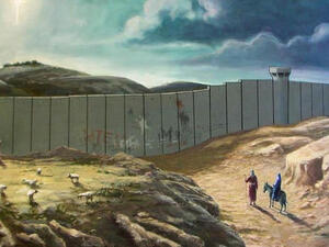 The expansion of nearby Israeli settlements has deliberately helped to isolate the city, Palestinians say (Image: Banksy).
