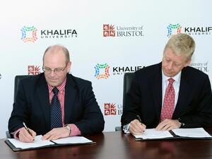 Khalifa University President and Professor David Bull of the University of Bristol during the signing of the MoU